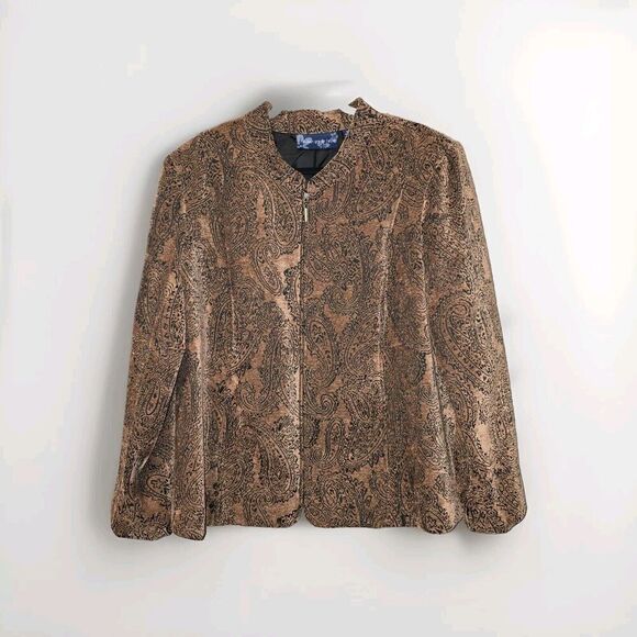 Susan Graver  Womens 2X Brown Black Paisley Floral Rayon‎ Blend Full Zip Jacket - Picture 1 of 9